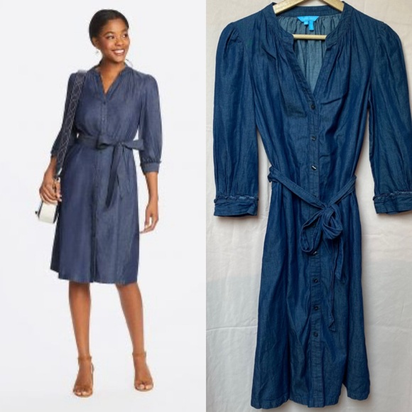 Draper James Chambray Puff Sleeve Button Front Dress Women's US Size 2 - Picture 1 of 9
